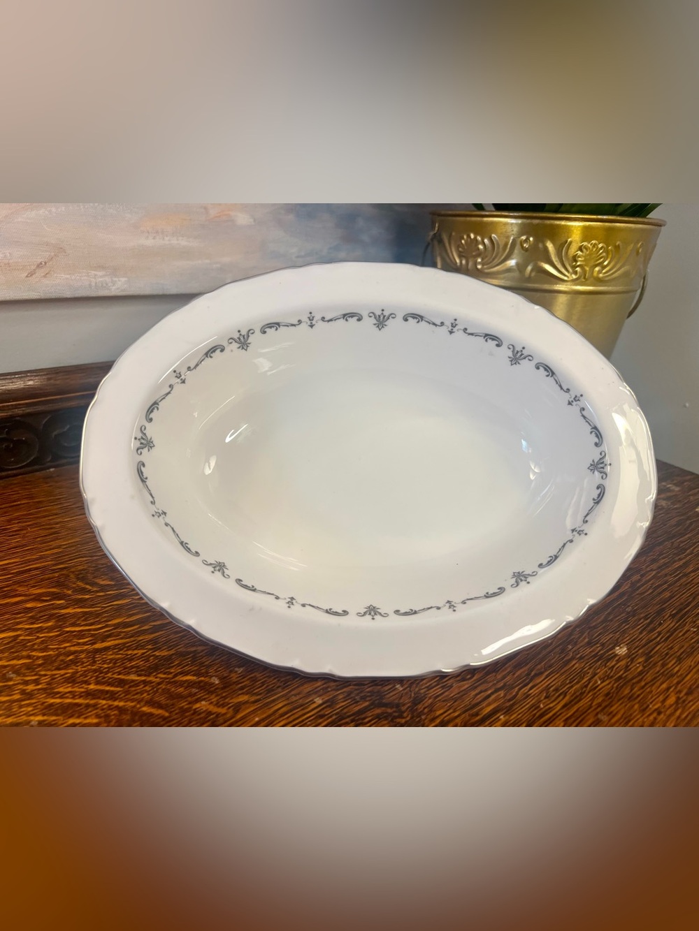 1963 Royal Worcester Silver Chantilly White Serving Bowl with Gray Scroll Trim